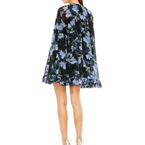 Ieena Mac Duggal Black Multi Floral Ruffle Cape Minidress